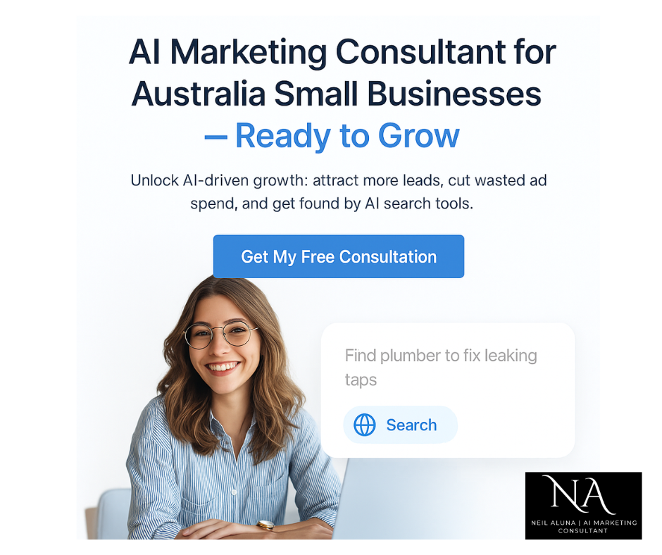 "Smiling female AI marketing consultant with laptop, alongside a search bubble asking ChatGPT 'Find plumber to fix leaking taps' and a call-to-action button to get a free consultation."