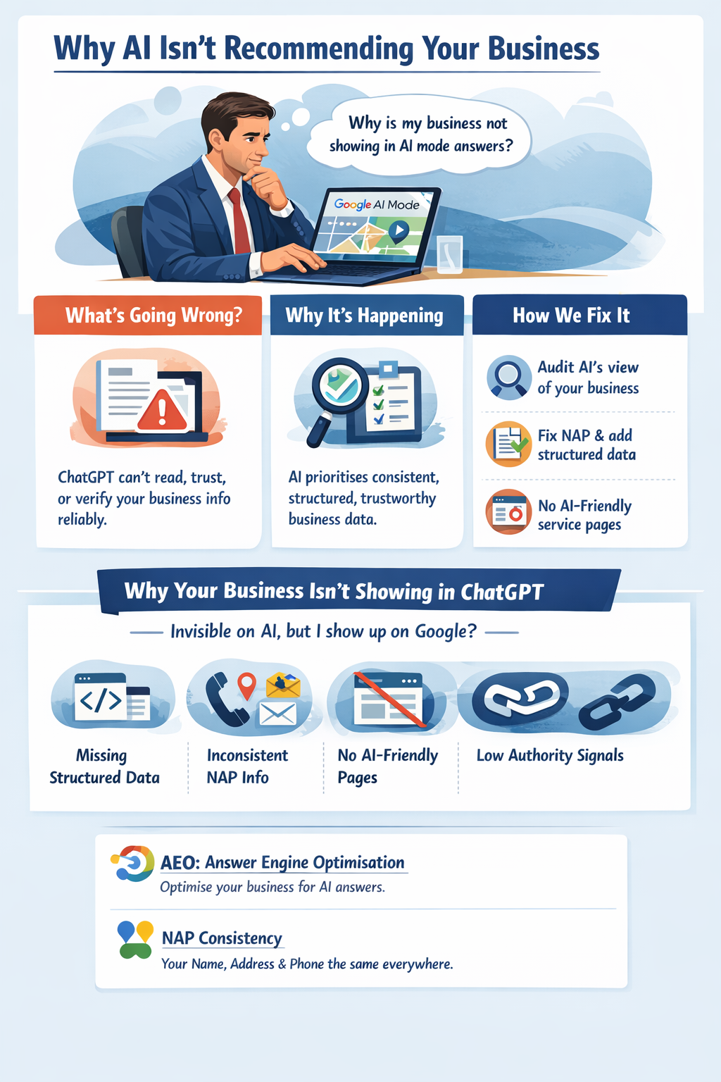 Infographic explaining why AI tools like ChatGPT and Google AI Mode aren’t recommending a business, highlighting missing structured data, NAP inconsistencies, lack of AI-friendly pages, and how Answer Engine Optimisation improves AI visibility.