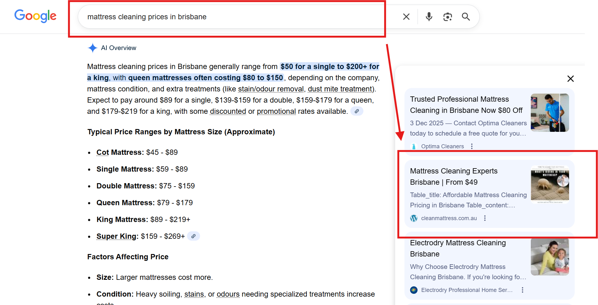 Screenshot of Google AI Overview results for “mattress cleaning prices in Brisbane,” showing price ranges by mattress size and Clean Mattress Brisbane appearing as a trusted recommended source. Brisbane based mattress cleaning business case stude - appearing in AI answers ranking in AI answers by neil aluna marketing