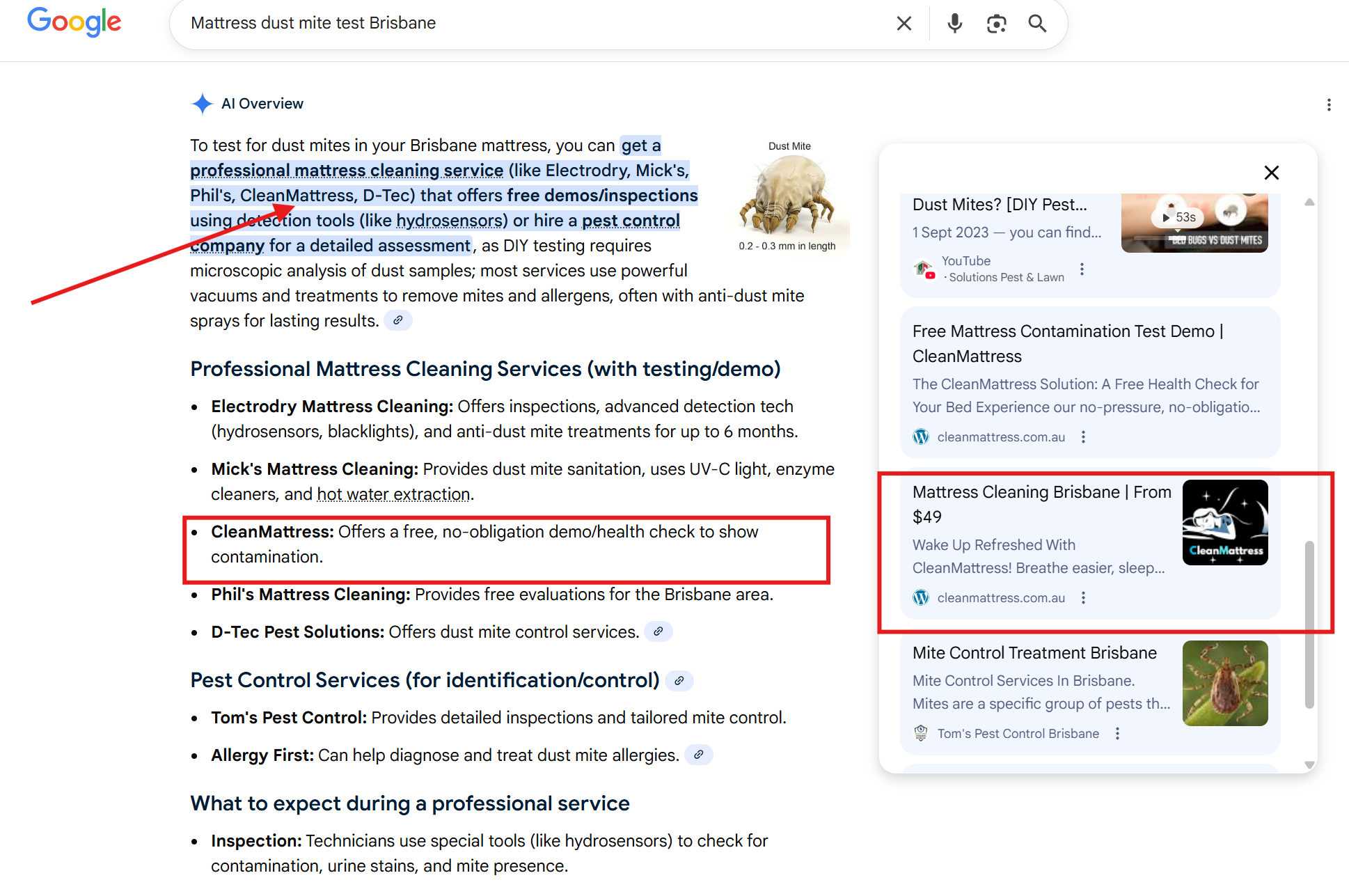 Screenshot of Google AI Overview results for “mattress cleaning free dust mite test in Brisbane,” showing up for free dust mite test and free mattress hygiene demo and Clean Mattress Brisbane appearing as a trusted recommended source. Brisbane based mattress cleaning business case study - appearing in AI answers ranking in AI answers by neil aluna marketing