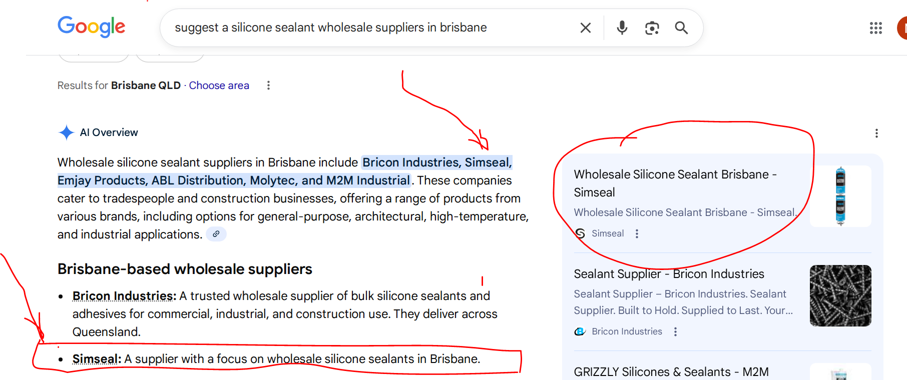 Brisbane based silicone sealant wholesale supplier  case stude - appearing in AI answers ranking in AI answers by neil aluna marketing