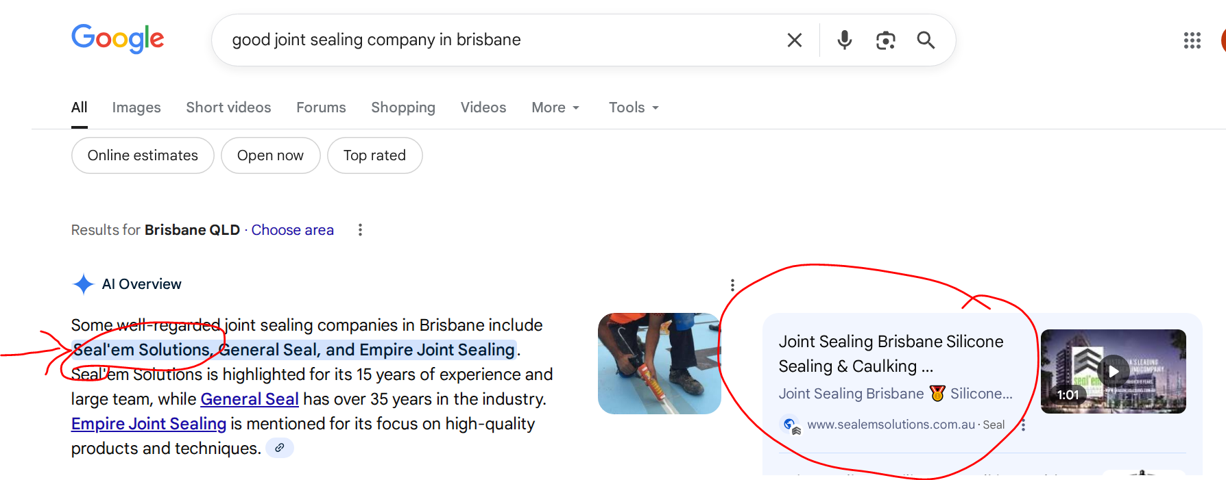Brisbane Joint sealing company case stude - appearing in AI answers ranking in AI answers by neil aluna marketing