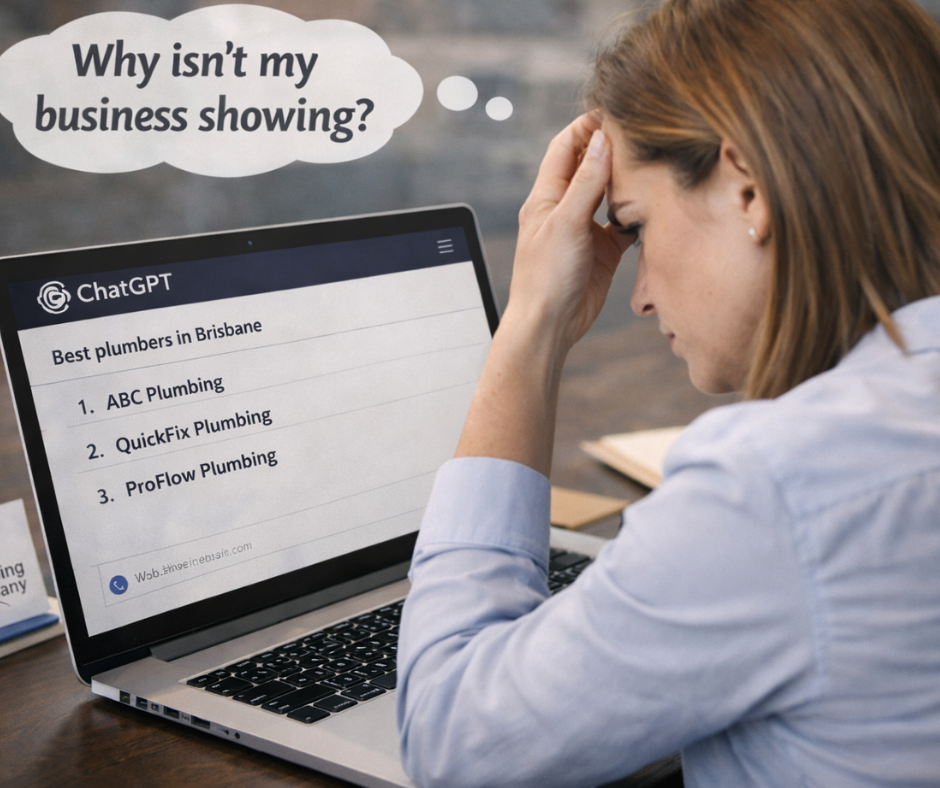 Female business owner frustrated that her business is missing from ChatGPT recommendations in AI Visibility School by Neil Aluna