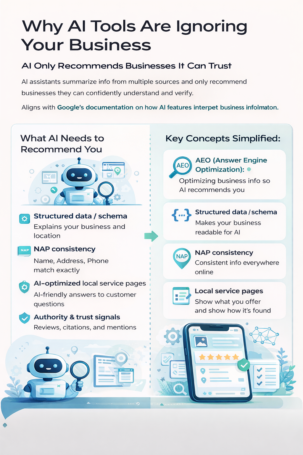 Infographic explaining why AI tools ignore some businesses, showing how structured data, NAP consistency, local service pages, authority signals, and AEO help AI trust and recommend local businesses.
