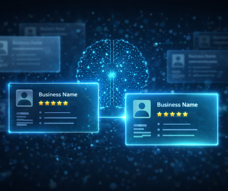 Illustration showing AI filtering business profiles and selecting trusted companies for recommendations, AI Visibility School lesson on how AI chooses businesses