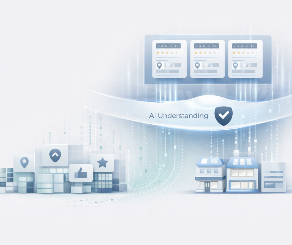 Illustration showing structured business data flowing into AI systems for trusted local business recommendations