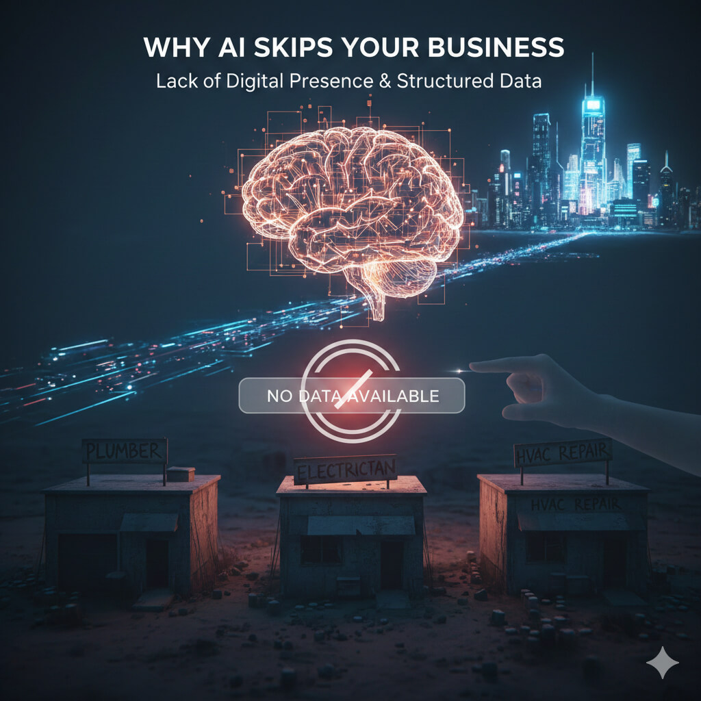 Infographic explaining why AI tools like ChatGPT and Google AI Mode aren’t recommending a business, highlighting missing structured data, NAP inconsistencies, lack of AI-friendly pages, and how Answer Engine Optimisation improves AI visibility.
