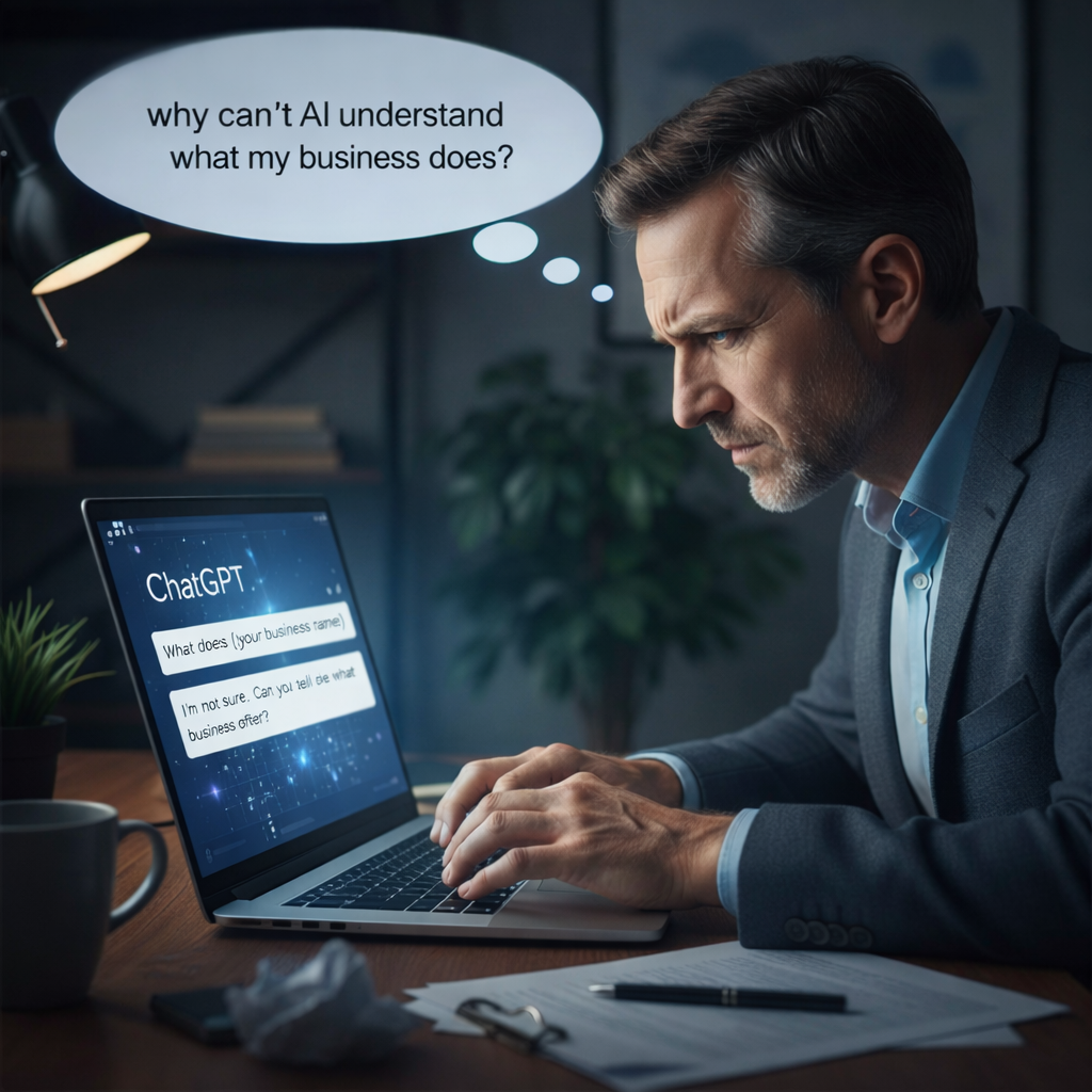 A concerned businessman types on a laptop showing "Google AI Mode" while thinking, “Why is my business not showing in AI mode answers?”—highlighting the importance of AI visibility for local businesses.