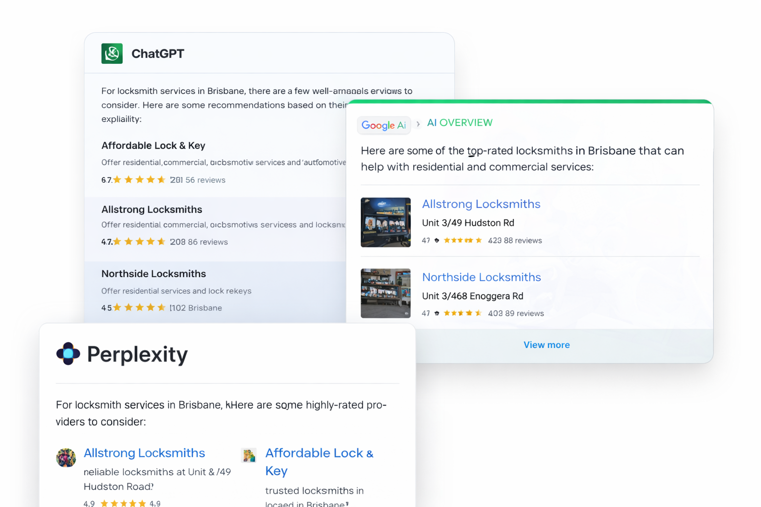 Example of AI search tools recommending a small number of local locksmith businesses in Brisbane, demonstrating how AI selects only 2–4 companies per query.