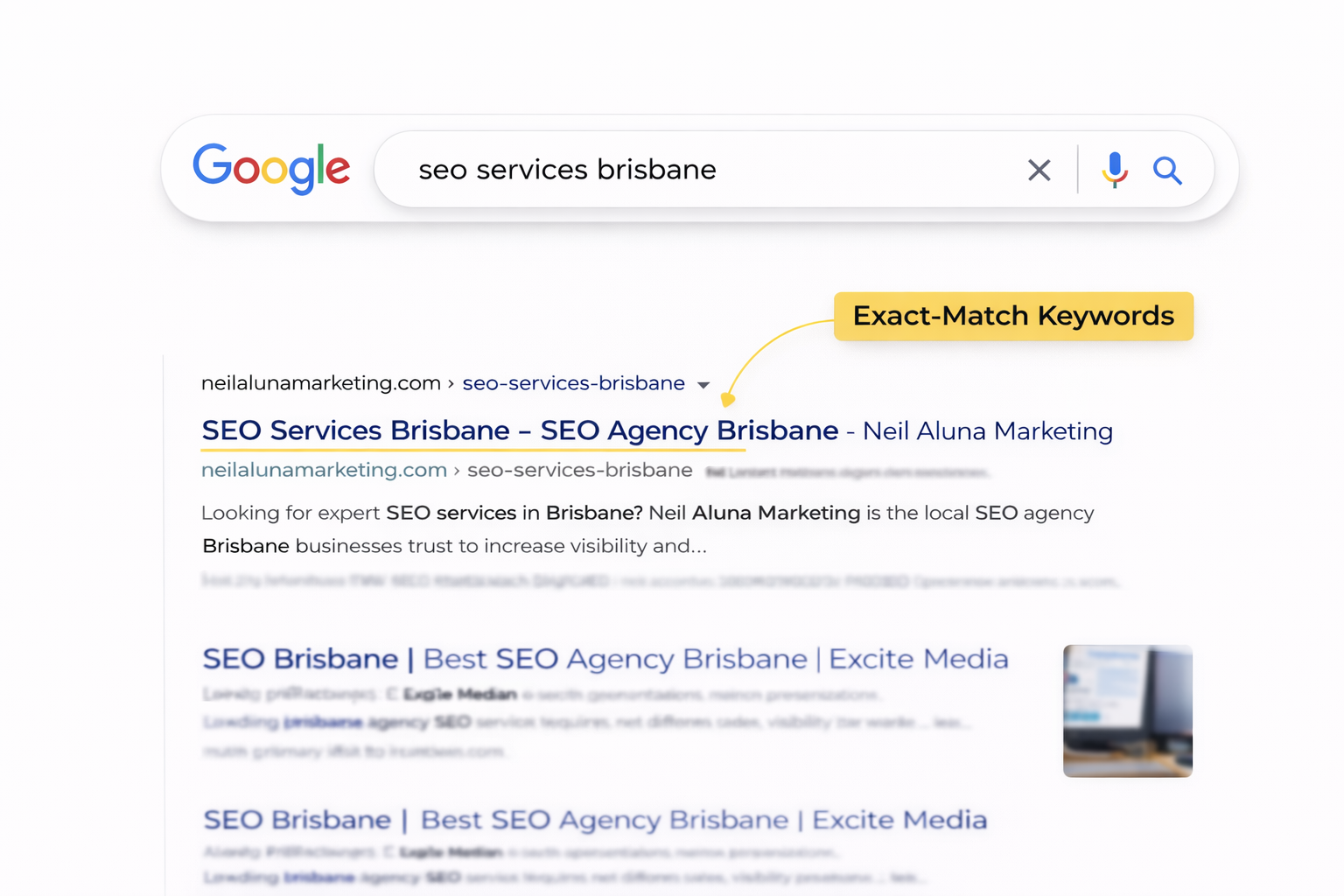 Google search results page showing “seo services brisbane” typed into the search bar with Neil Aluna Marketing appearing as an exact-match keyword result.