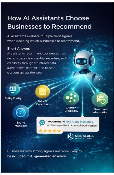 Infographic showing how AI assistants evaluate multiple trust signals such as entity clarity, topical expertise, brand mentions, citation credibility, and structured information when recommending businesses in AI-generated answers.