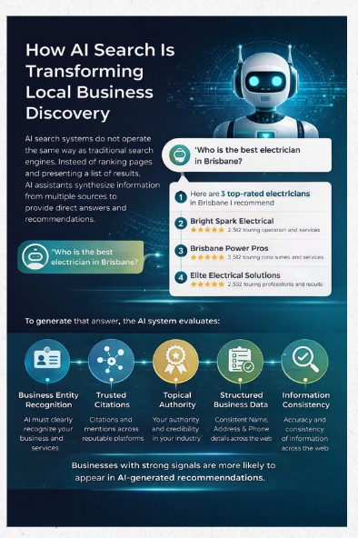 Infographic from Neil Aluna Marketing explaining how AI search transforms local business discovery, showing a query “Who is the best electrician in Brisbane?” and the signals AI evaluates including entity recognition, citations, topical authority, structured data, and information consistency.